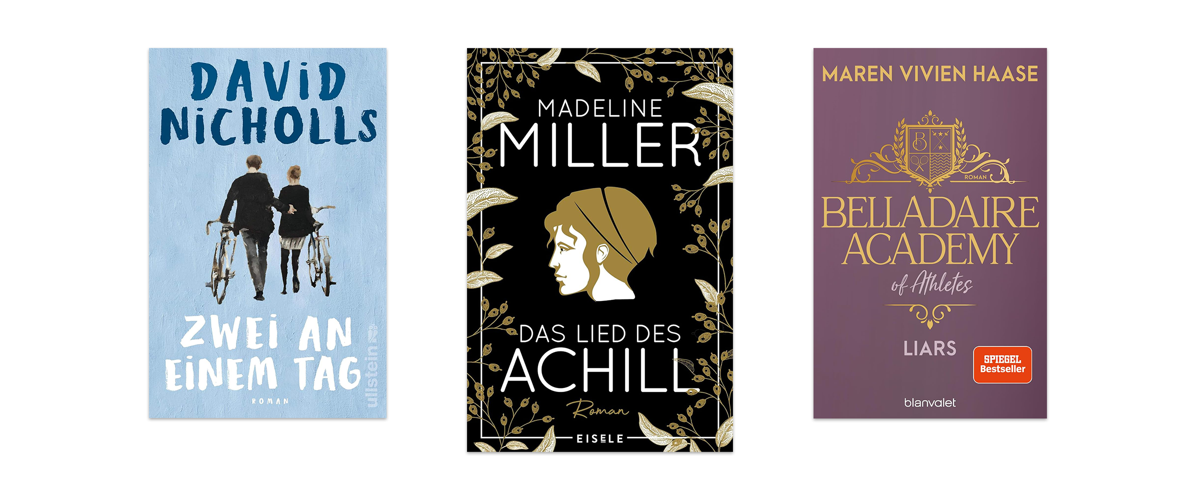 Drei tolle Romance-Romane vor weißem Hintergrund. Zu sehen sind Das Lied des Achill, Belladaire Academy und Zwei an einem Tag.