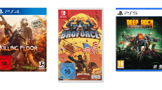 Drei Team-Shooter-Spiele vor weißem Hintergrund. Zu sehen sind Broforce, Deep Rock Galactic und Killing Floor 2.
