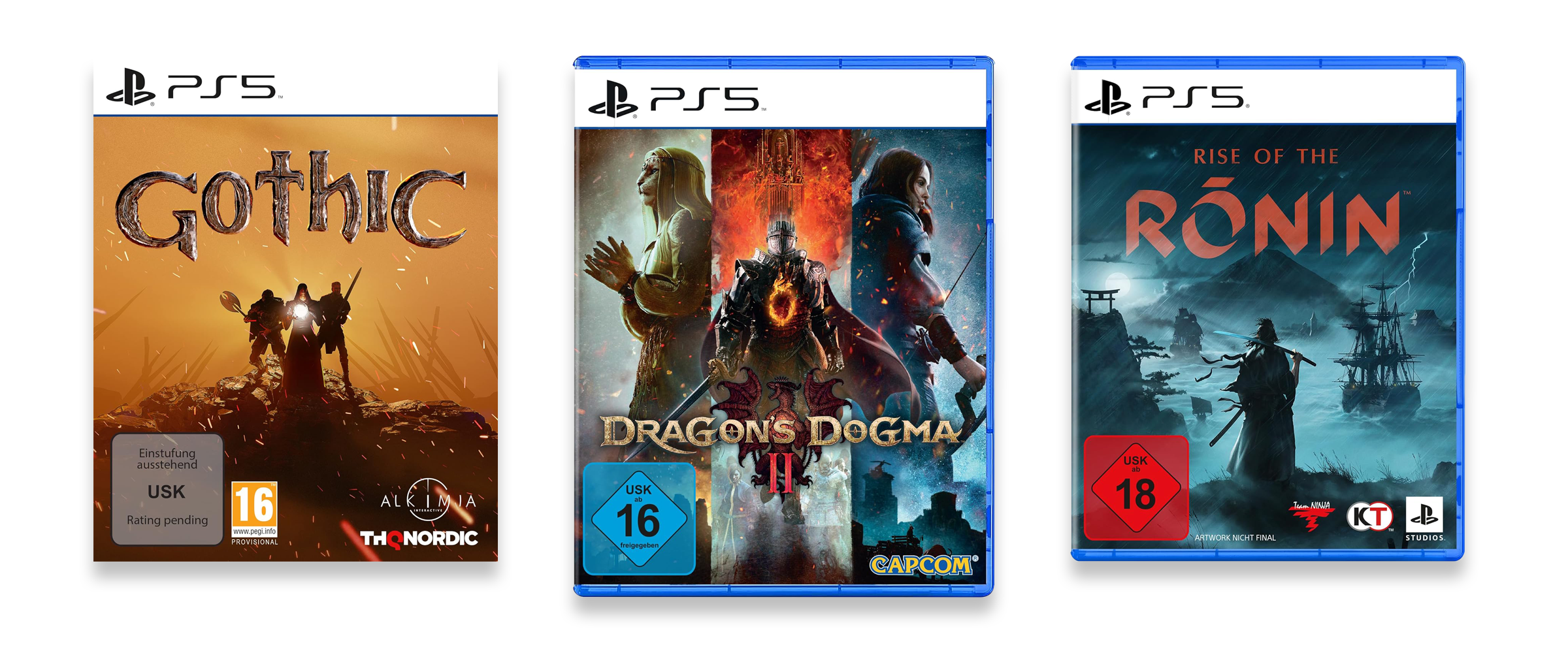 Drei Top-Spiele für 2024 vor weißem Hintergrund: Drangon's Dogma 2, Rise of the Ronin und Gothic