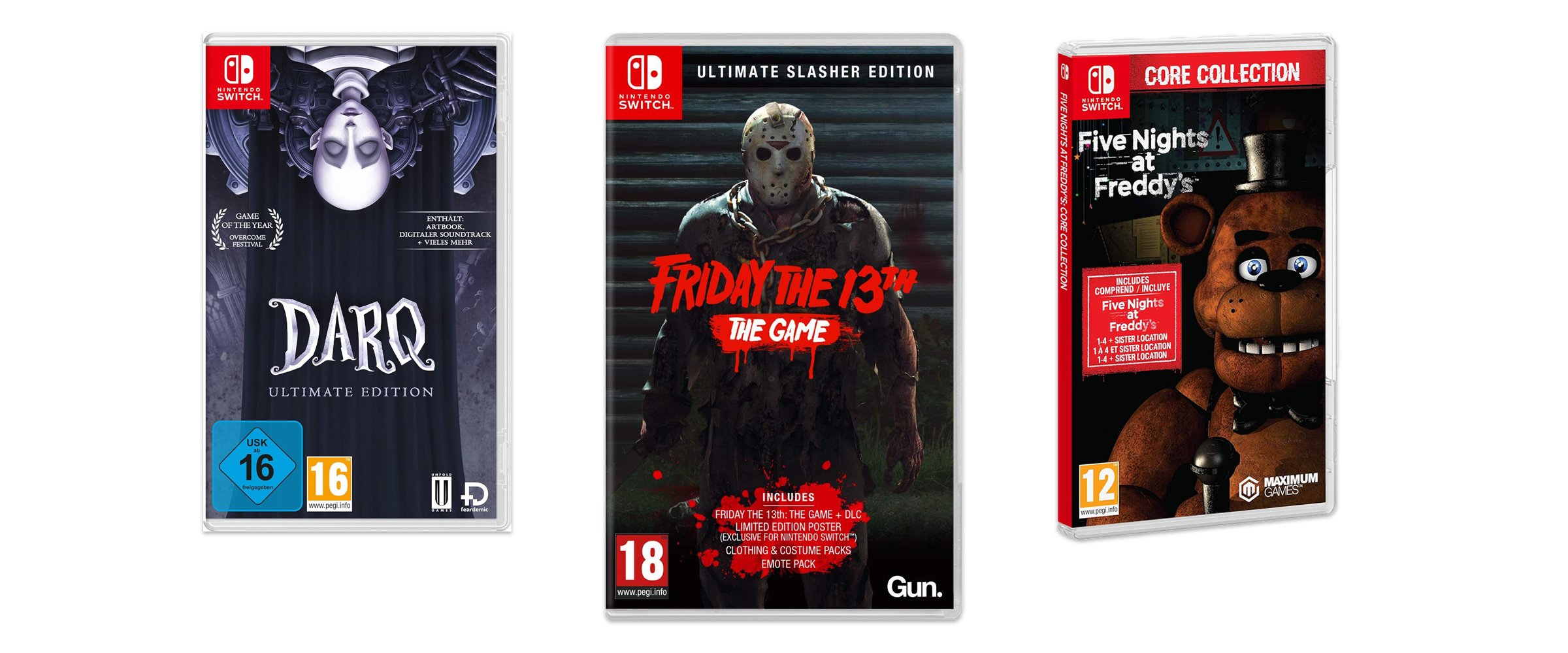 Drei tolle Horrorspiele für Nintendo Switch vor weißem Hintergrund. Zu sehen sind Darq, Friday The 13th und Five Nights at Freddy's.
