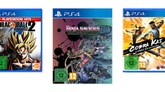 Drei Kampfspiele für die PS4 vor weißem Hintergrund. Zu sehen sind The Ninja Saviors, Cobra Kai und Dragonball Xenoverse
