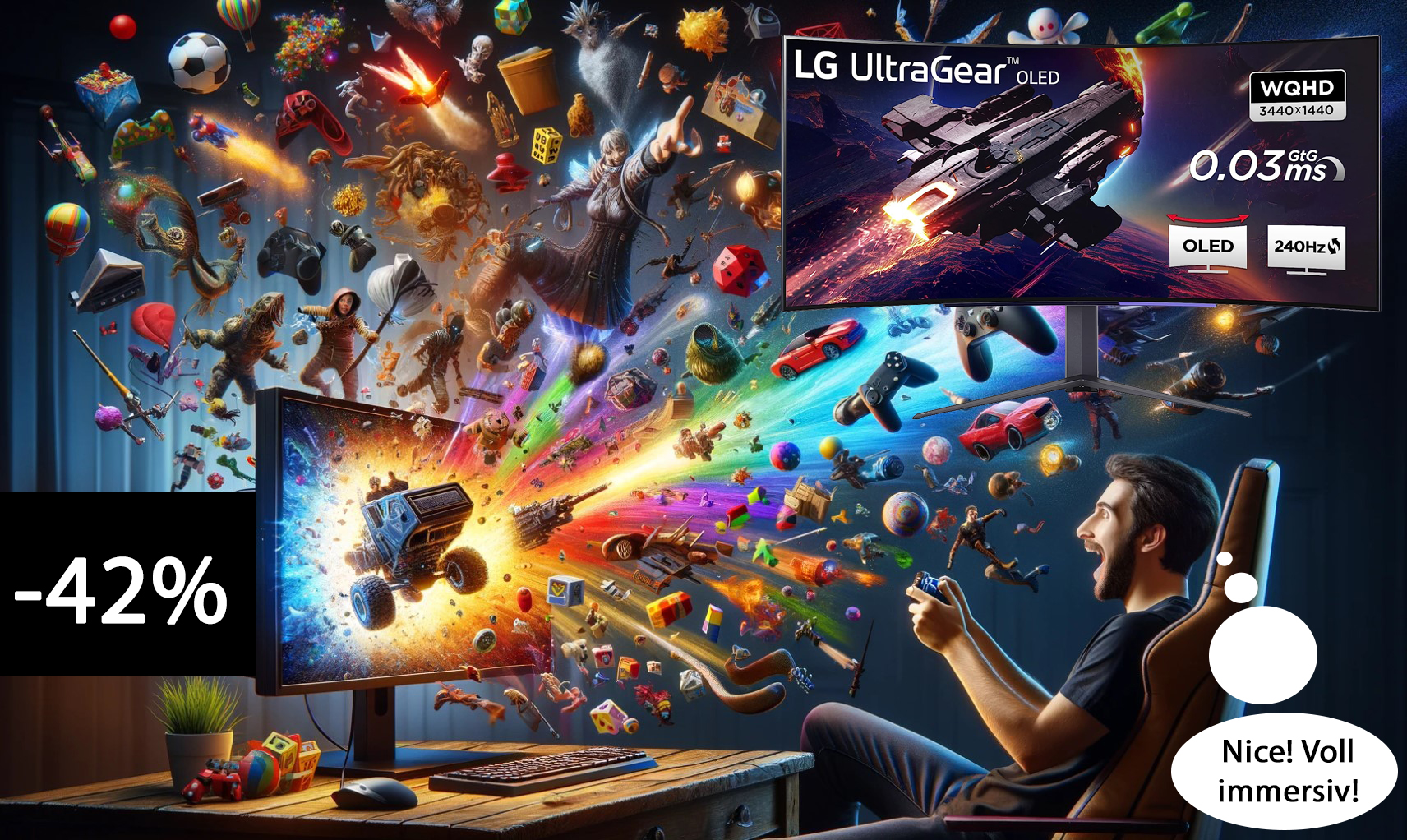 Ein begeisterter Gamer sitzt vor seinem Monitor aus dem eine Vielzahl vers. Objekte herausfliegen die aus verschiedenen Gaming-Genres stammen. Der LG Monitor und der Rabatt von 42% werden dargestellt.
