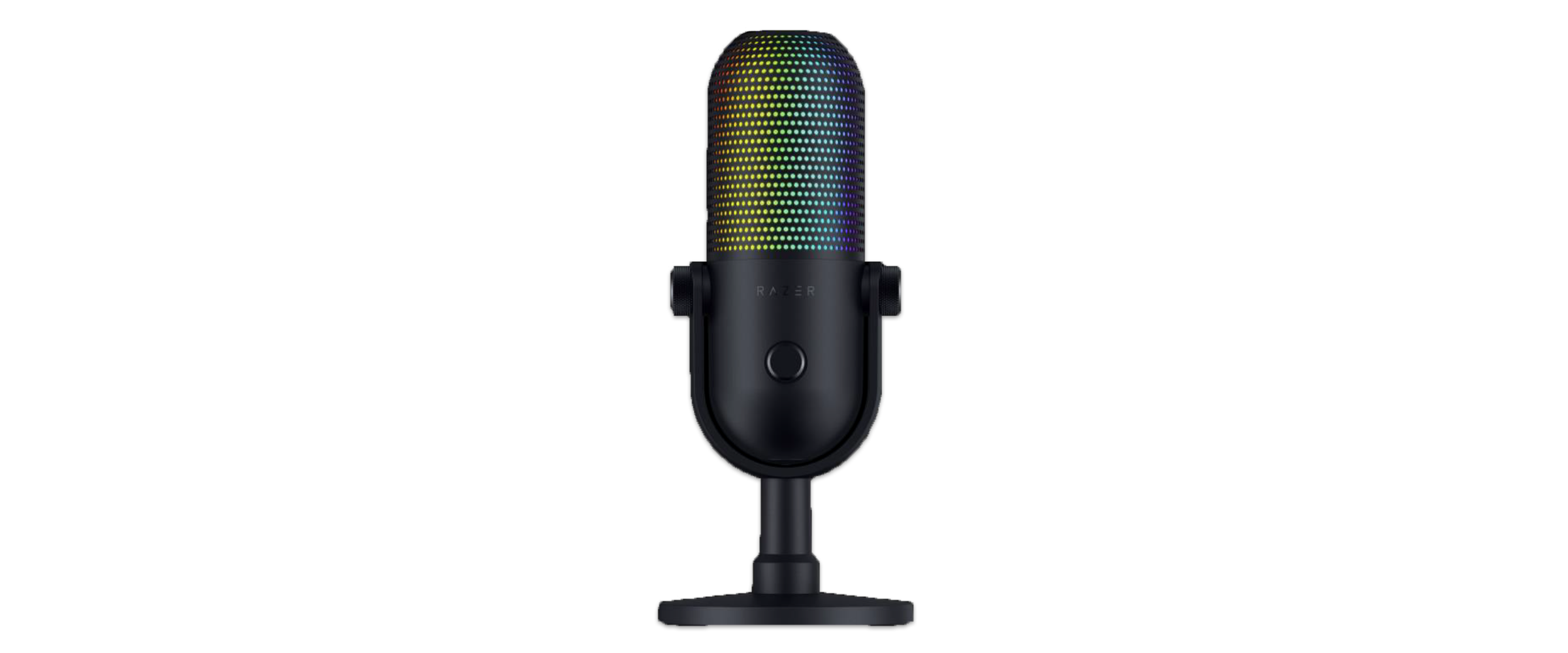 Das Streaming-Mikrofon Razer Seiren V3 Chroma vor weißem Hintergrund. Das Mikrofon selbst ist schwarz, die Formen eher abgerundet und es kann bunt beleuchtet werden.