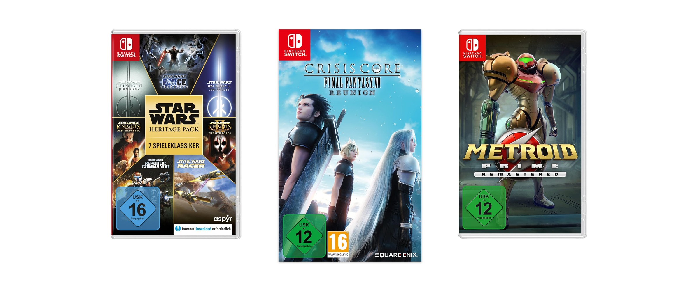 Drei Science-Fiction-Games für Nintendo Switch vor weißem Hintergrund. Zu sehen sind Metroid Prime Remastered, Final Fantasy 7 Reunion und der Star Wars heritage Pack.