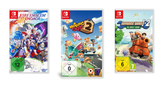 Drei Strategiespiele für Nintendo Switch vor weißem Hintergrund. Zu sehen sind Advance Wars 1 + 2, Firem Emblem Engage und Moving Out 2.
