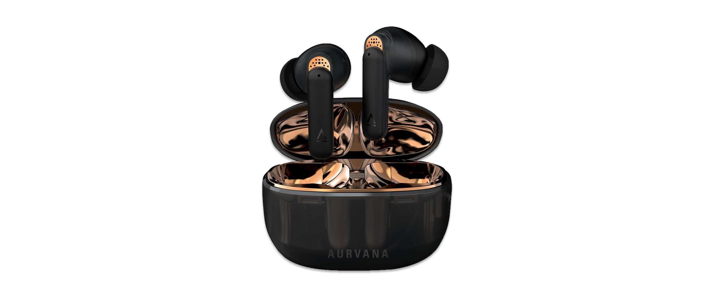 Die In-Ear-Kopfhörer Creative Aurvana Ace 2 vor weißem Hintergrund. Die Kopfhörer zeichnen sich durch den Mix aus durscheinendem Schwarz und glänzendem Kupfer aus.