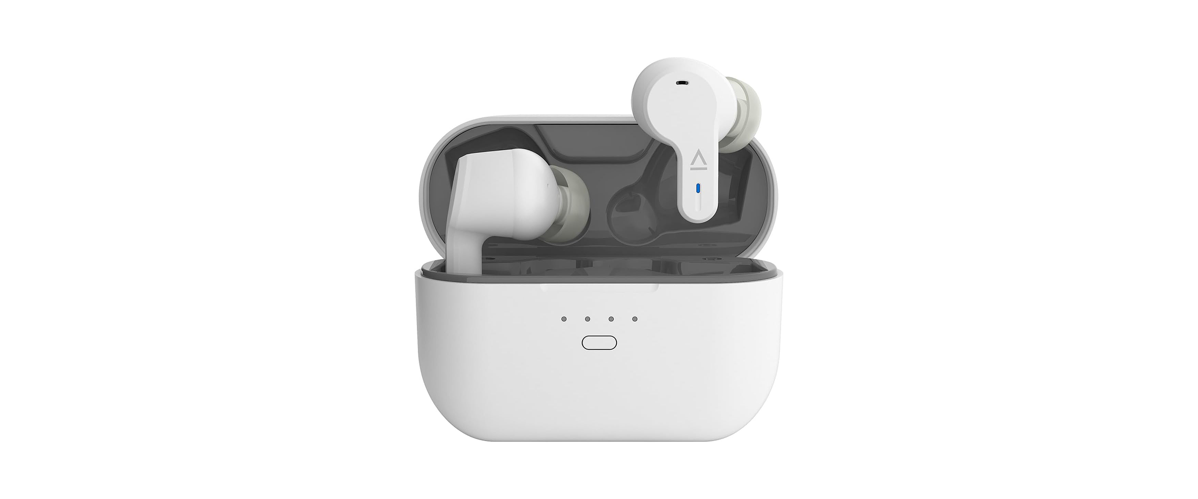 Die weißen Kopfhörer Creative Zen Air Pro vor weißem Hintergrund. Das Bild zeigt, das geöffnete, innen graue Ladeetui sowie die beiden Ohrhörer, von denen der rechte knapp über dem Etui schwebt.