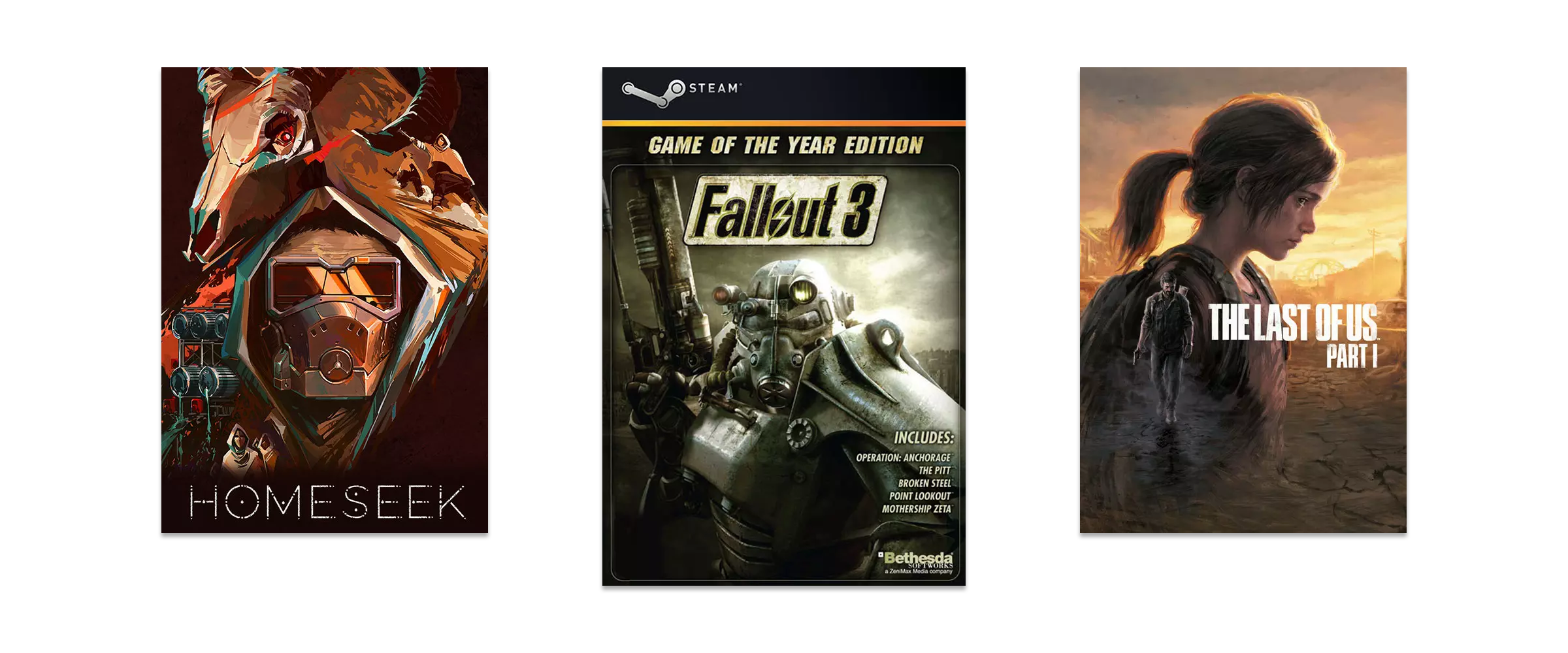 Drei starke Endzeitspiele für den PC vor weißem Hintergrund. Zu sehen sind The Las of US Part 1, Fallout 3 und Homeseek.