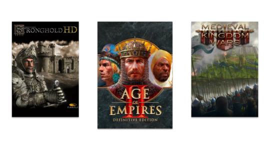 Drei Mittelalter-Strategiespiele vor weißem Hintergrund. Zu sehen sind Stronghold HD, Age of Empires 2 und Medieval Kingdom Wars.