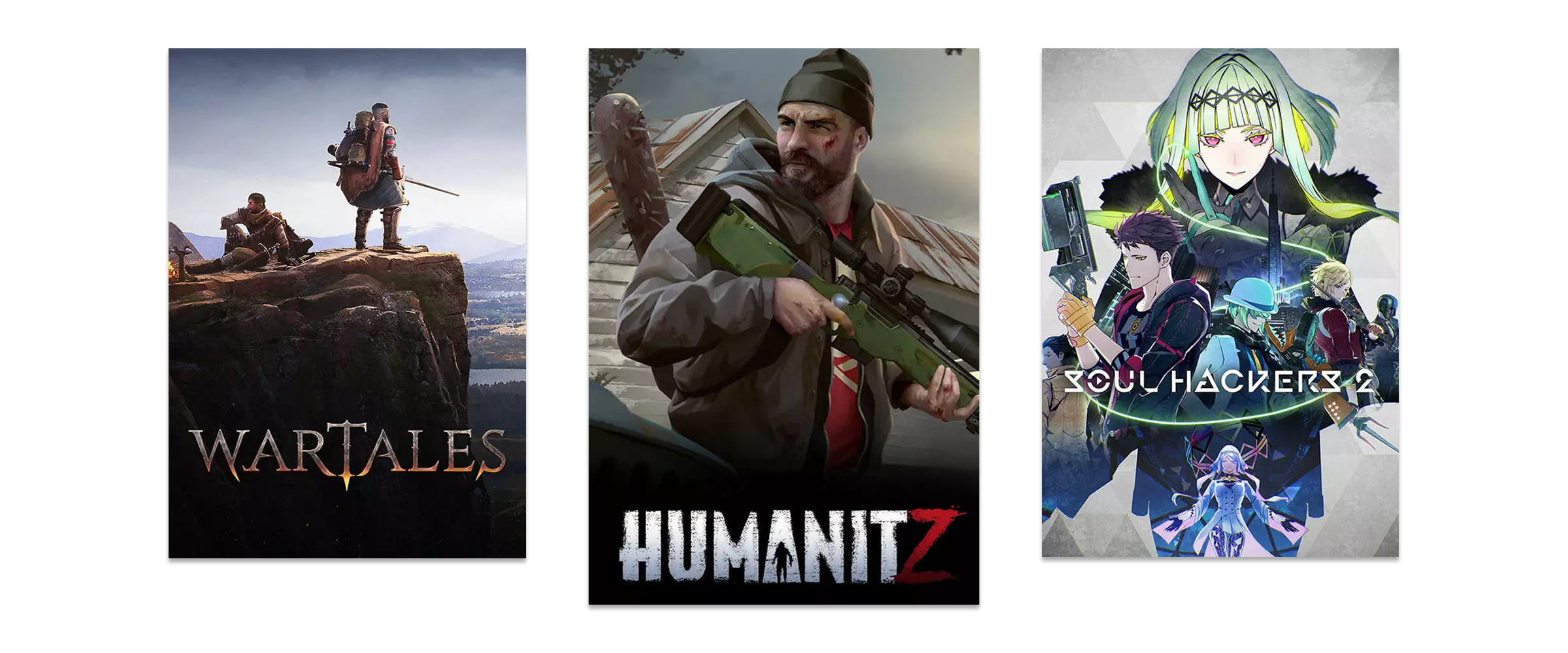 Drei ROllenspiele für den PC vor weißem Hintegrund. Zu sehen sind HumanitZ, Wartales und Soul Hackers 2.
