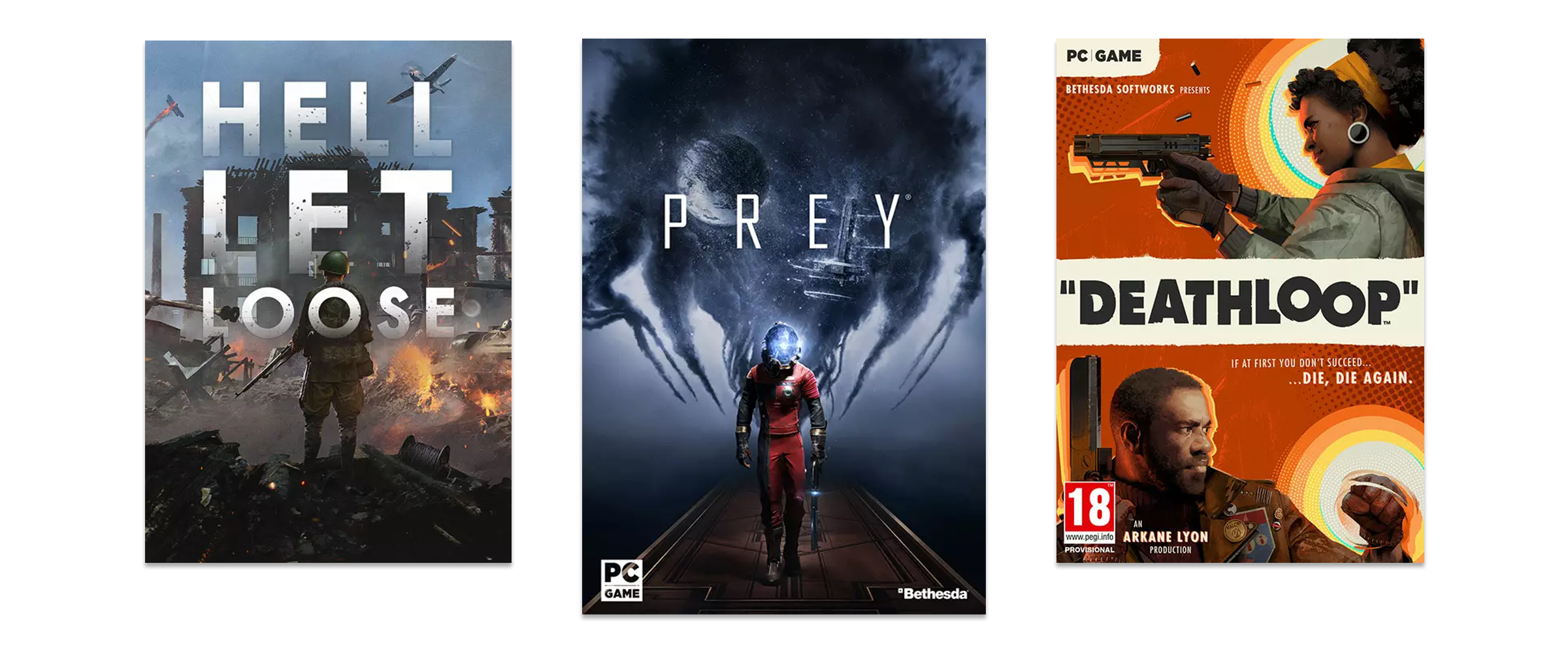 Drei richtig gute Shooter für den PC vor weißem Hintergrund: Hell let Loose, Deathloop und Prey.
