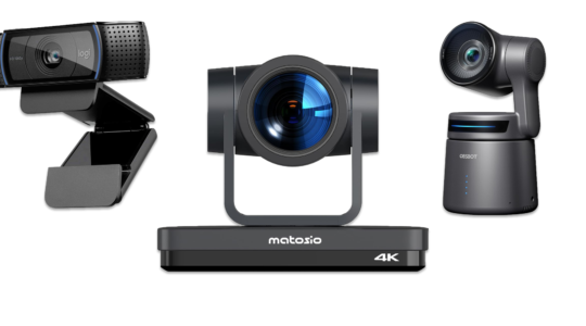 Drei verschiedene Webcams vor weißem Hintergrund. Zu sehen sind eine Office-Version von Logitech, eine teure Konferenz-Kamera von Matoiso und eine Webcam To Go von Obsbot