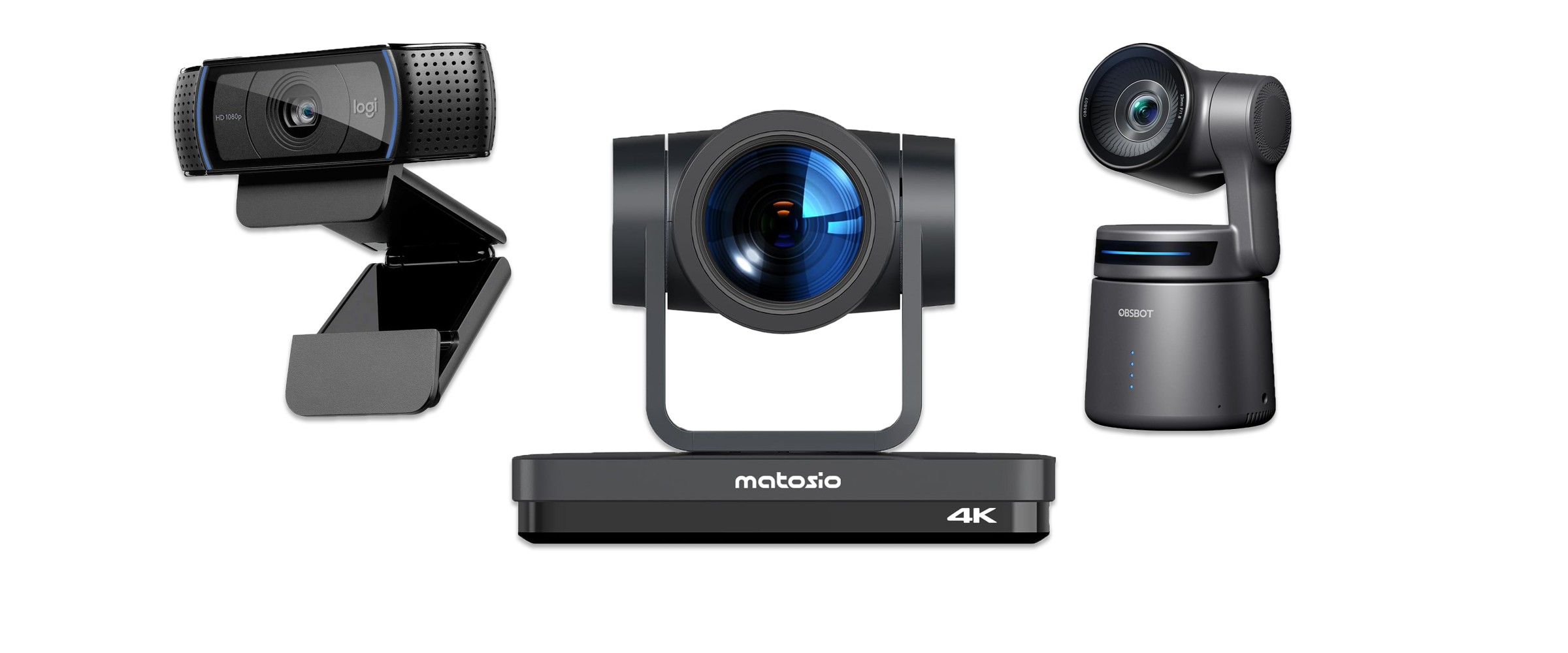 Drei verschiedene Webcams vor weißem Hintergrund. Zu sehen sind eine Office-Version von Logitech, eine teure Konferenz-Kamera von Matoiso und eine Webcam To Go von Obsbot