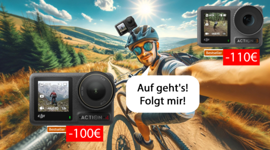 Ein junger Mann auf einem Mountainbike hat eine DJI-Action-Kamera auf seinem Helm montiert, die er mit einem Rabatt von bis zu 110€ gekauft hat. Er freur sich dass er die Action aufzeichnen kann, die gleich beginnt.
