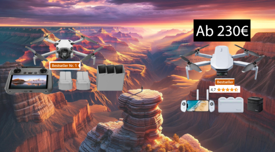 Man sieht eine Landschaft, die an den Grand Canyon erinnert dort sieht man die beiden vorgestellten preisreduzierten Drohnen fliegen.