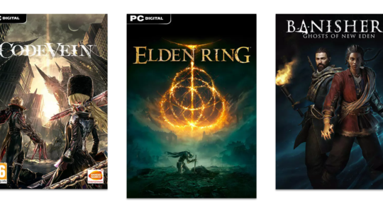 Drei starke Actionspiele für den PC vor weißem Hintergrund. Zu sehen sind Elden Ring, Code Vein und Banishers.