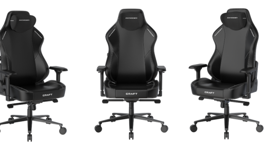 Der DXracer Craft L Gaming-Stuhl auf weißem Hintergrund mit drei verschiedenen Perspektiven.