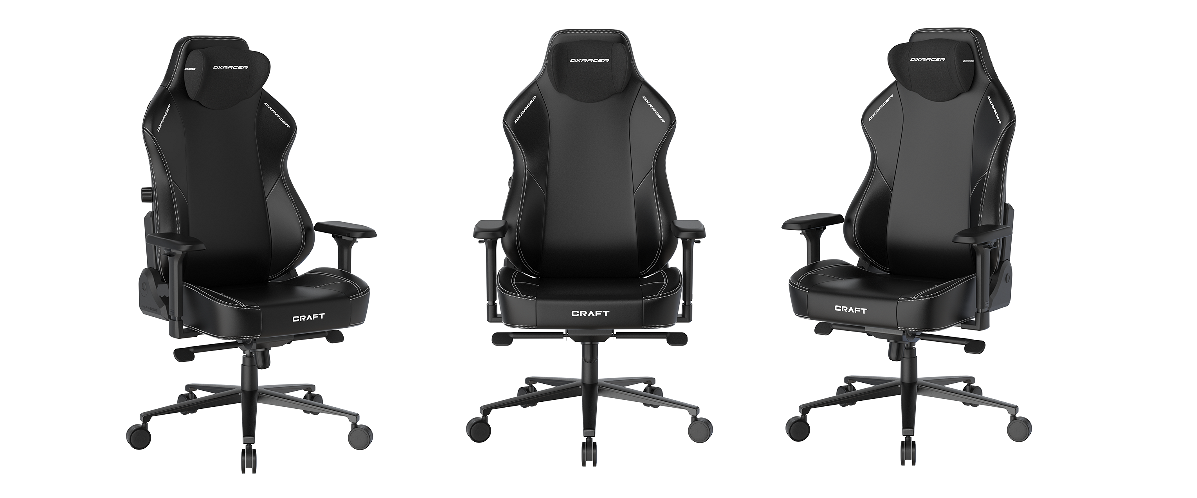 Der DXracer Craft L Gaming-Stuhl auf weißem Hintergrund mit drei verschiedenen Perspektiven.