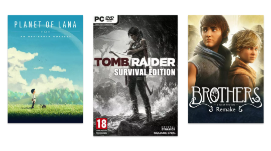 Drei tolle Adventure Games vor weißem Hintergrund. Zu sehen sind Tomb Raider, PLanet of Lana und Brothers: A Tale of two Sons