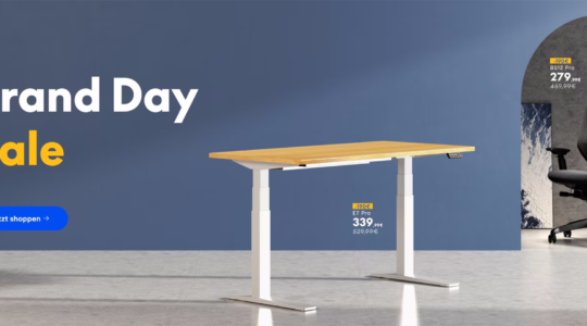 Werbebild zum Flexispot Brand Day Sale. Man sieht den Schriftzug Brand Day Sale sowie einen Schreibtisch und einen Bürostuhl in einem großen Raum. DIe Wand ist taubenblau gestrichen.